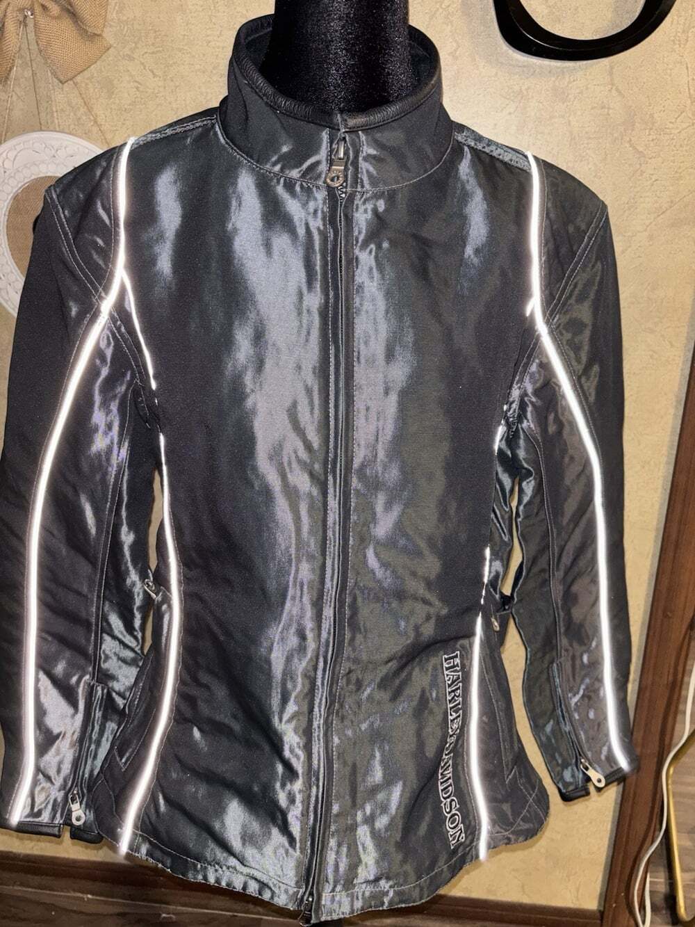 Vintage Harley-Davidson Women's Riding Jacket Black Nylon Leather Trim Large Y2K